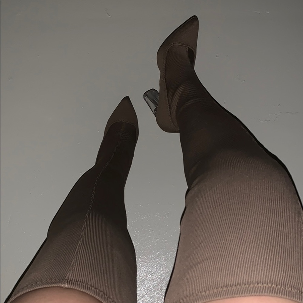 Knit thigh high chunky heel boots